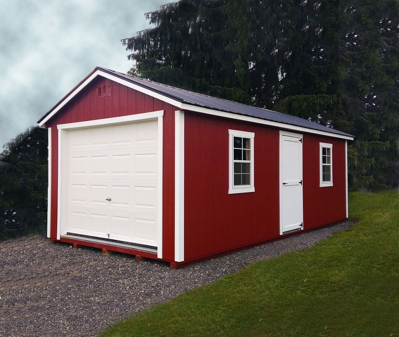 Red shed with white trim in yard