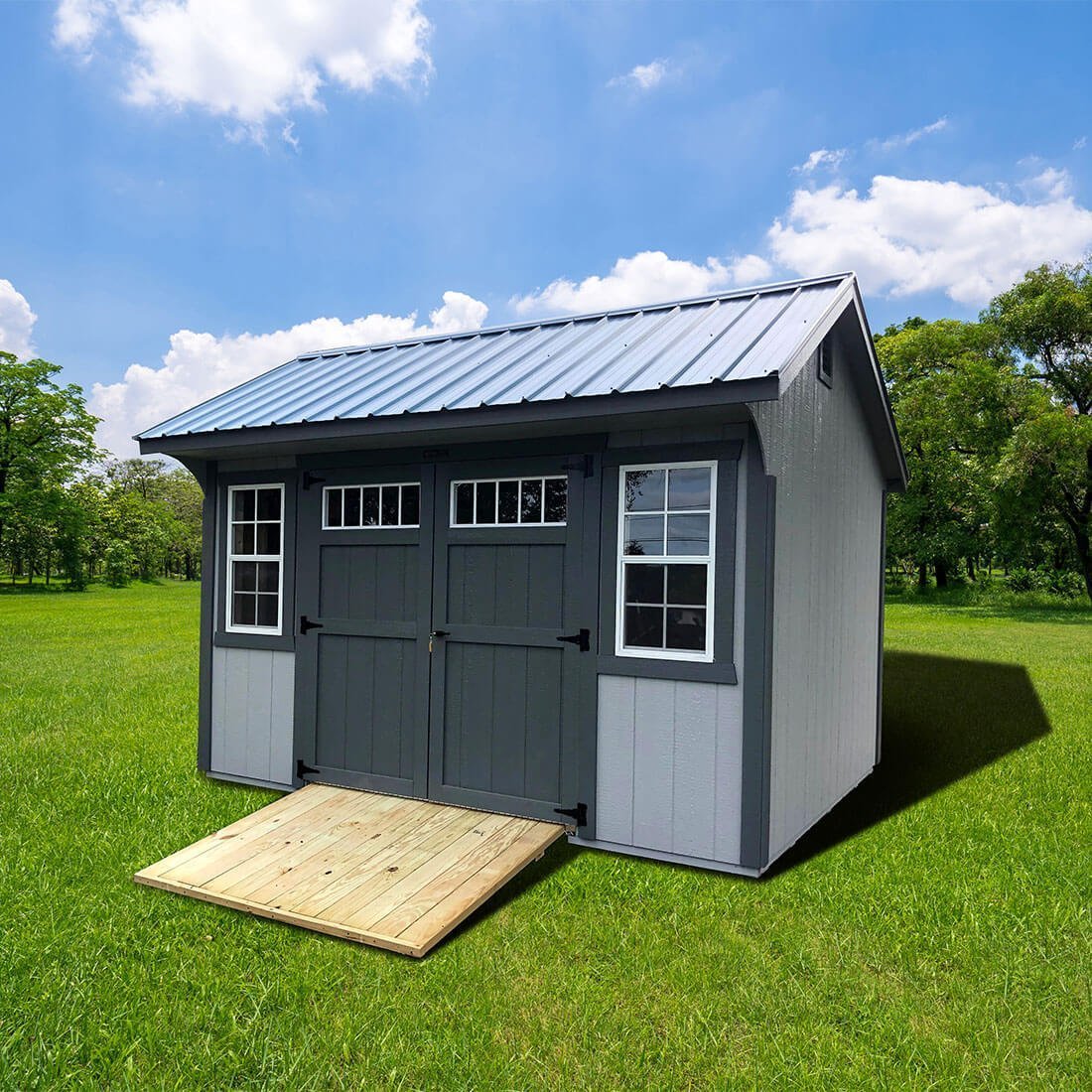 Light gray with dark gray trim and roof classic quaker shed