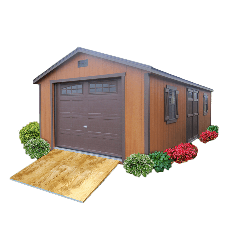 Wooden gable garage with brown trim and planters